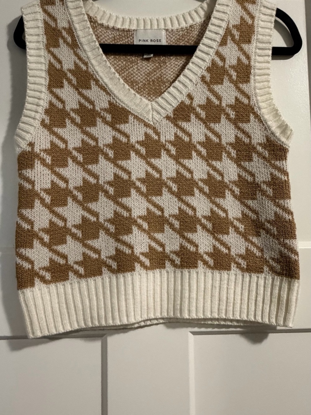 Pink Rose Cream and Brown Houndstooth V-Neck Sweater Vest